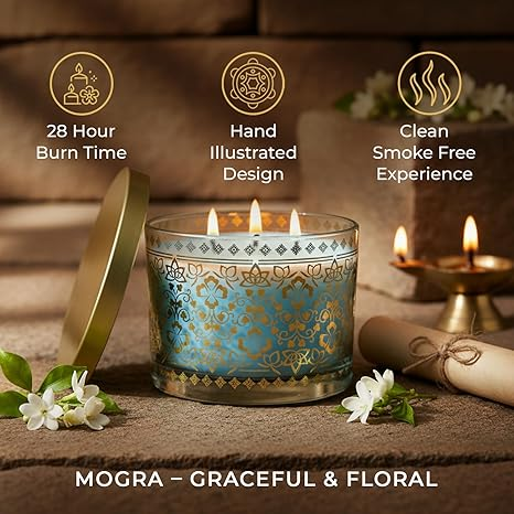 EKAM 2025–26 Festive Fragrance Gift| Scented 3 Wick Candle| Mogra | Inspired by Stone Palace | 28-Hour Burn | Essential Oil Infused