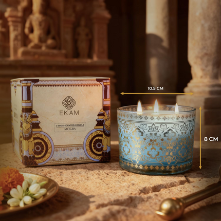 EKAM 2025–26 Festive Fragrance Gift| Scented 3 Wick Candle| Mogra | Inspired by Stone Palace | 28-Hour Burn | Essential Oil Infused