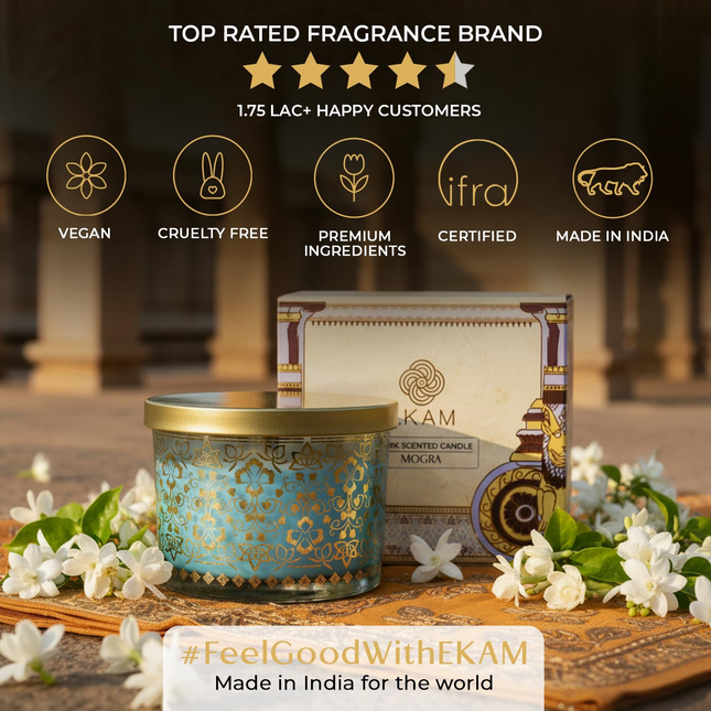 EKAM 2025–26 Festive Fragrance Gift| Scented 3 Wick Candle| Mogra | Inspired by Stone Palace | 28-Hour Burn | Essential Oil Infused