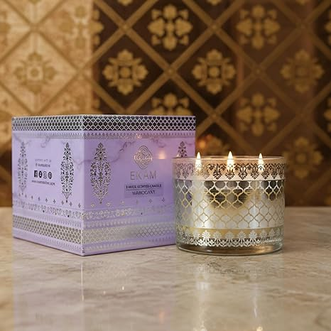 EKAM 2025–26 Festive Fragrance Gift| Scented 3 Wick Candle| Mahogany | Inspired by Sheesh Mahal | 28-Hour Burn