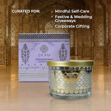 EKAM 2025–26 Festive Fragrance Gift| Scented 3 Wick Candle| Mahogany | Inspired by Sheesh Mahal | 28-Hour Burn