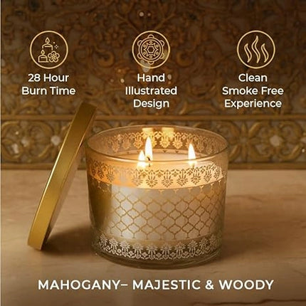EKAM 2025–26 Festive Fragrance Gift| Scented 3 Wick Candle| Mahogany | Inspired by Sheesh Mahal | 28-Hour Burn