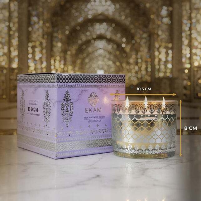 EKAM 2025–26 Festive Fragrance Gift| Scented 3 Wick Candle| Mahogany | Inspired by Sheesh Mahal | 28-Hour Burn
