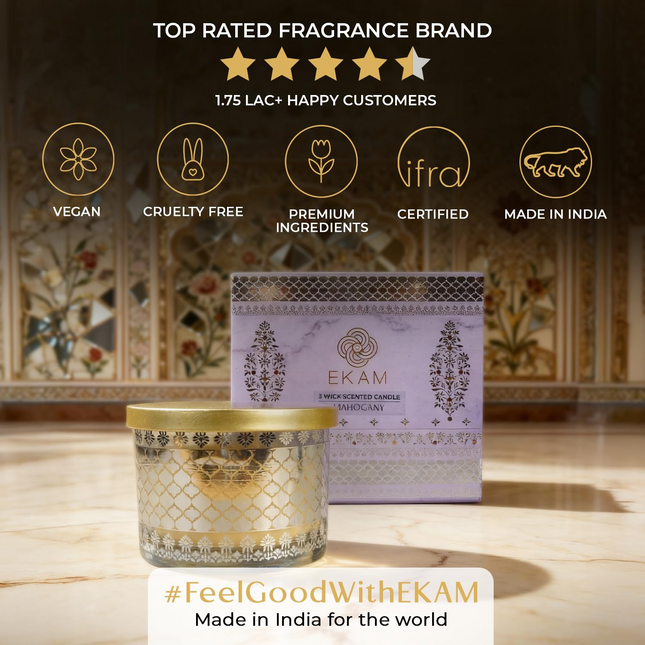EKAM 2025–26 Festive Fragrance Gift| Scented 3 Wick Candle| Mahogany | Inspired by Sheesh Mahal | 28-Hour Burn