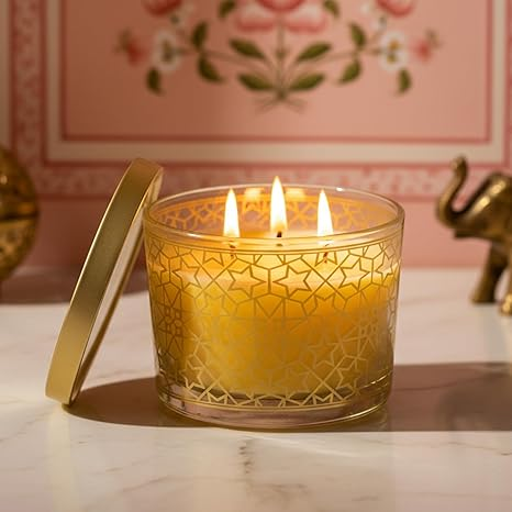 EKAM 2025–26 Festive Fragrance Gift| Scented 3 Wick Candle| Lemongrass | Inspired by Pink Haveli | 28-Hour Burn