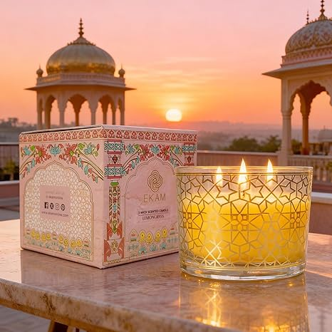 EKAM 2025–26 Festive Fragrance Gift| Scented 3 Wick Candle| Lemongrass | Inspired by Pink Haveli | 28-Hour Burn