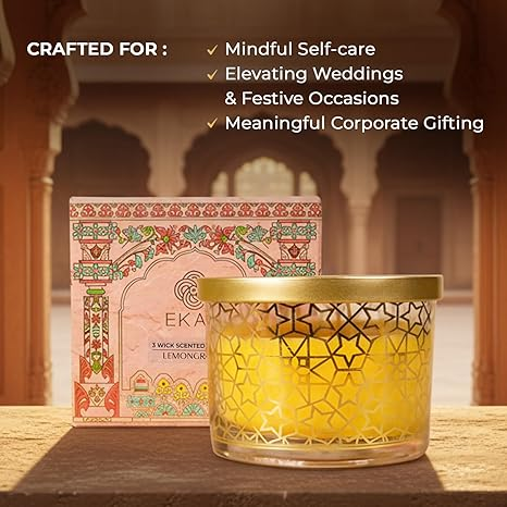 EKAM 2025–26 Festive Fragrance Gift| Scented 3 Wick Candle| Lemongrass | Inspired by Pink Haveli | 28-Hour Burn