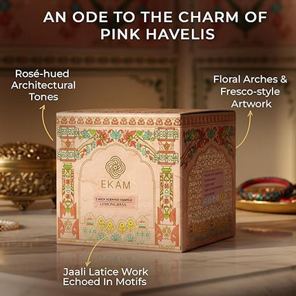 EKAM 2025–26 Festive Fragrance Gift| Scented 3 Wick Candle| Lemongrass | Inspired by Pink Haveli | 28-Hour Burn