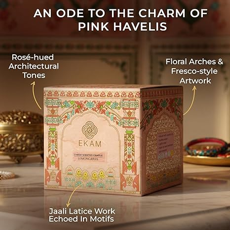 EKAM 2025–26 Festive Fragrance Gift| Scented 3 Wick Candle| Lemongrass | Inspired by Pink Haveli | 28-Hour Burn