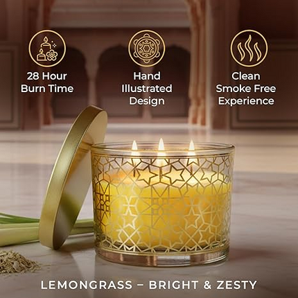 EKAM 2025–26 Festive Fragrance Gift| Scented 3 Wick Candle| Lemongrass | Inspired by Pink Haveli | 28-Hour Burn
