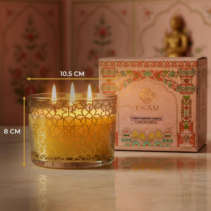 EKAM 2025–26 Festive Fragrance Gift| Scented 3 Wick Candle| Lemongrass | Inspired by Pink Haveli | 28-Hour Burn