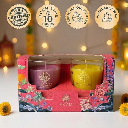 EKAM | 2 Pack Shot Glass Scented Candles Festive Gift Set | Honey & Lemon and Clary Sage| Vegetable Wax | 10 Hours Burn Time Each