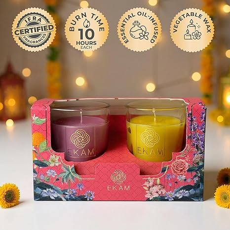 EKAM | 2 Pack Shot Glass Scented Candles Festive Gift Set | Honey & Lemon and Clary Sage| Vegetable Wax | 10 Hours Burn Time Each