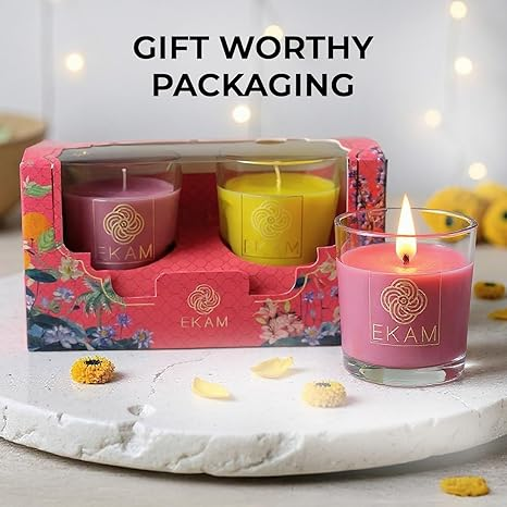 EKAM | 2 Pack Shot Glass Scented Candles Festive Gift Set | Honey & Lemon and Clary Sage| Vegetable Wax | 10 Hours Burn Time Each
