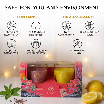 EKAM | 2 Pack Shot Glass Scented Candles Festive Gift Set | Honey & Lemon and Clary Sage| Vegetable Wax | 10 Hours Burn Time Each