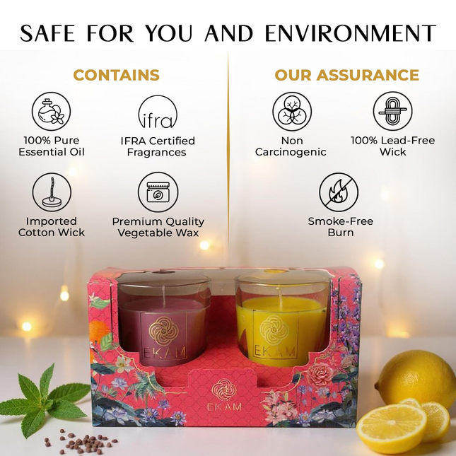 EKAM | 2 Pack Shot Glass Scented Candles Festive Gift Set | Honey & Lemon and Clary Sage| Vegetable Wax | 10 Hours Burn Time Each