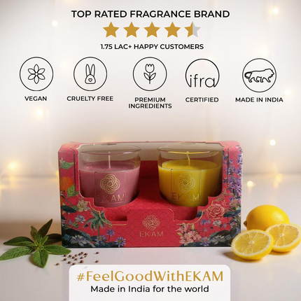 EKAM | 2 Pack Shot Glass Scented Candles Festive Gift Set | Honey & Lemon and Clary Sage| Vegetable Wax | 10 Hours Burn Time Each
