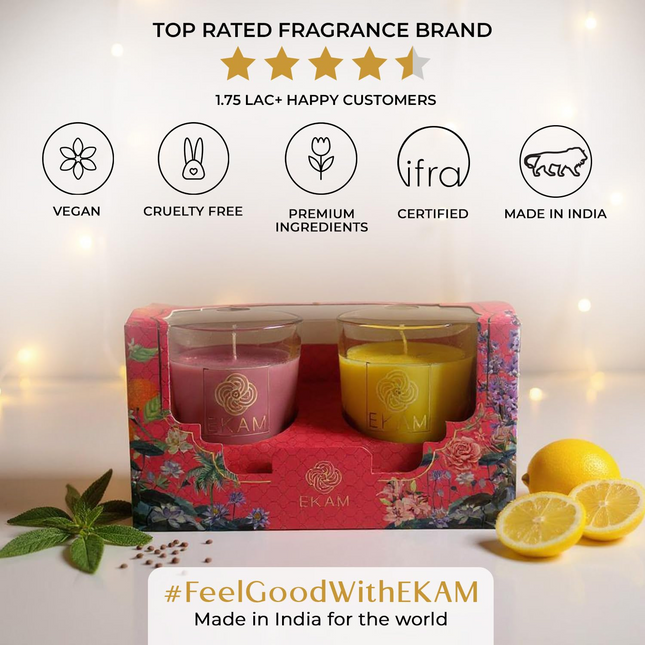 EKAM | 2 Pack Shot Glass Scented Candles Festive Gift Set | Honey & Lemon and Clary Sage| Vegetable Wax | 10 Hours Burn Time Each