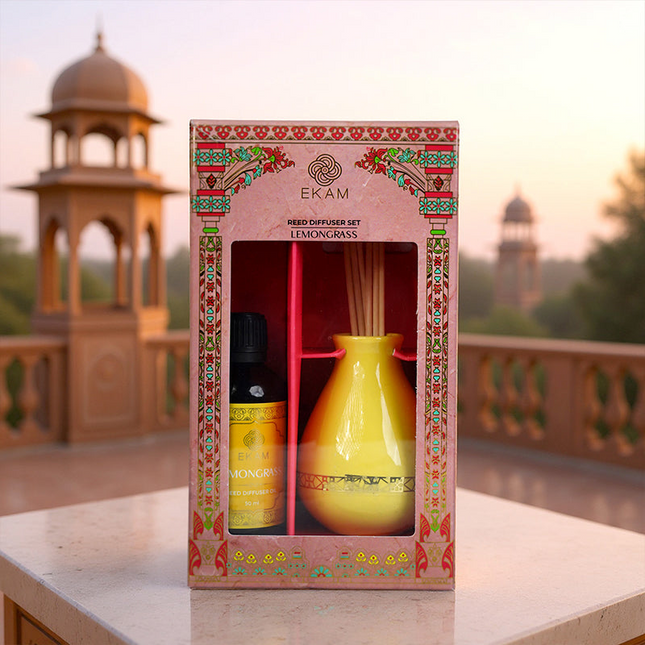 Lemongrass Scented Reed Diffuser Gift Set| Festive Pink Haveli Collection