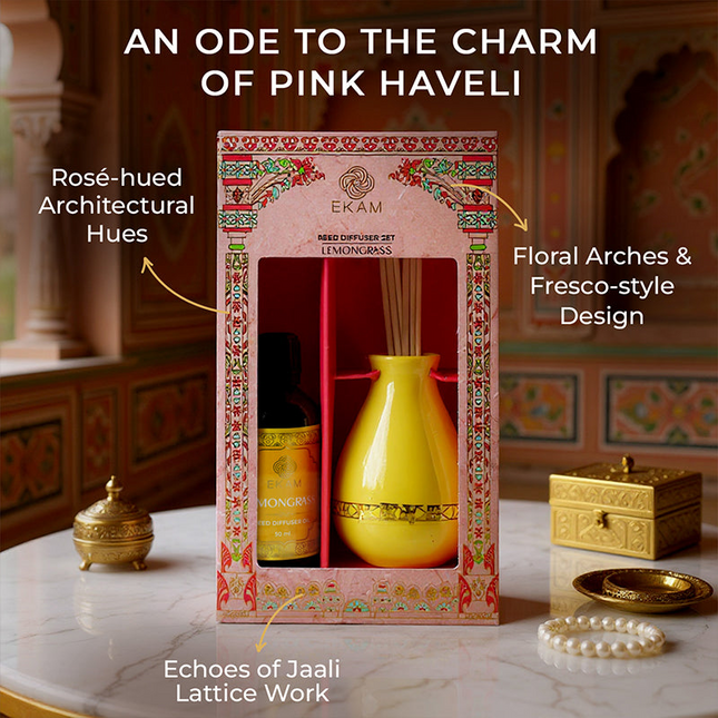 Lemongrass Scented Reed Diffuser Gift Set| Festive Pink Haveli Collection