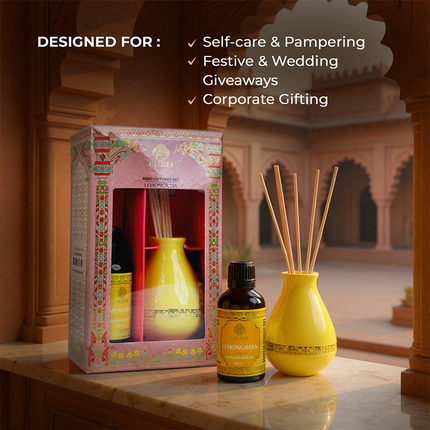Lemongrass Scented Reed Diffuser Gift Set| Festive Pink Haveli Collection